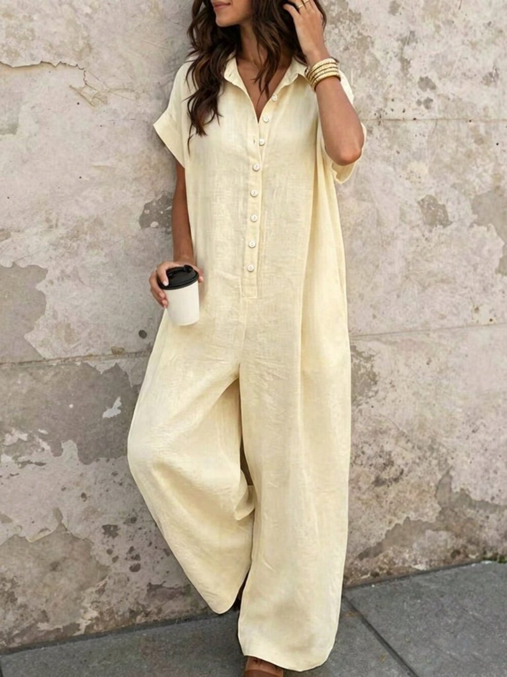 Apricot Casual Women's Collared Short Sleeve Wide Leg loose fit Jumpsuit